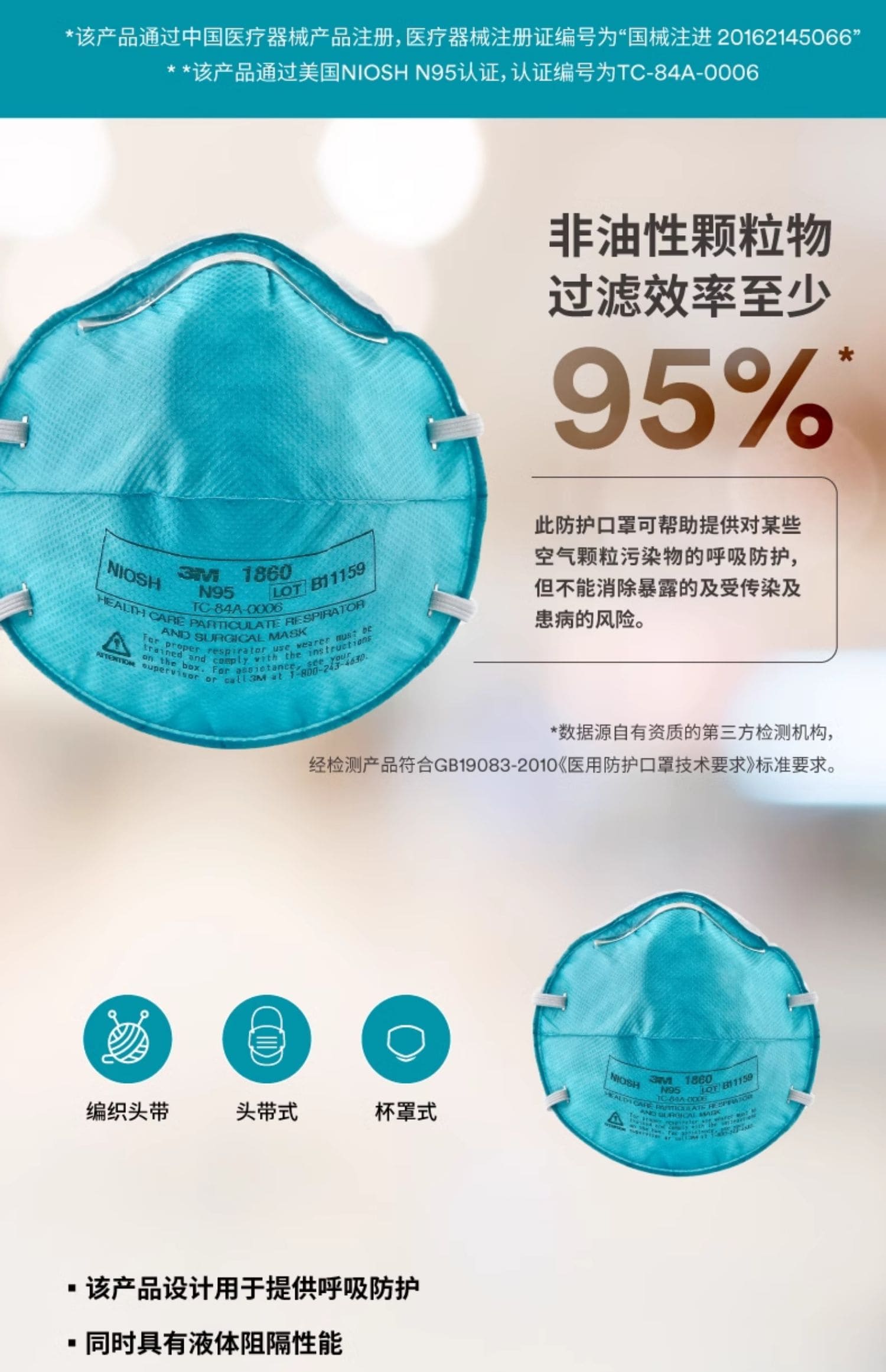 3M 1860 N95 医用防护口罩 （头带式、中国医疗器械注册和美国FDA认证) (如病毒、细菌、霉菌、碳疽杆菌、结核杆菌等)
